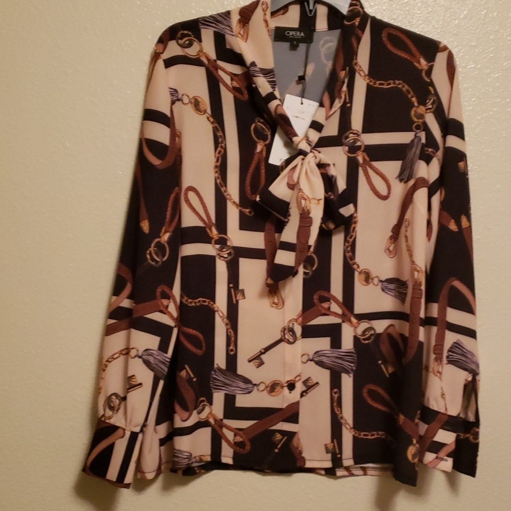 Bow front, brown, black, tan, cream print blouse.